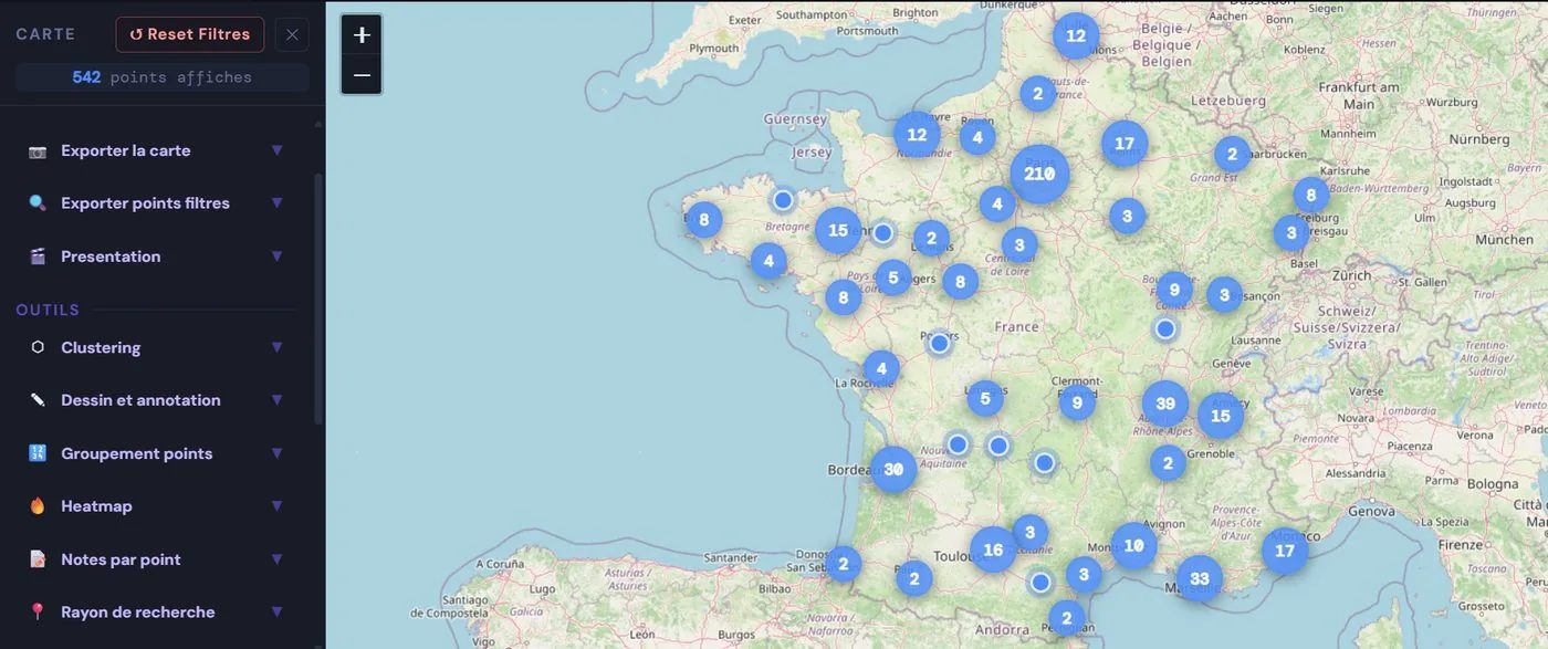 Interface Mapdataly : carte de France interactive avec 542 points regroupés, filtres et outils d'analyse